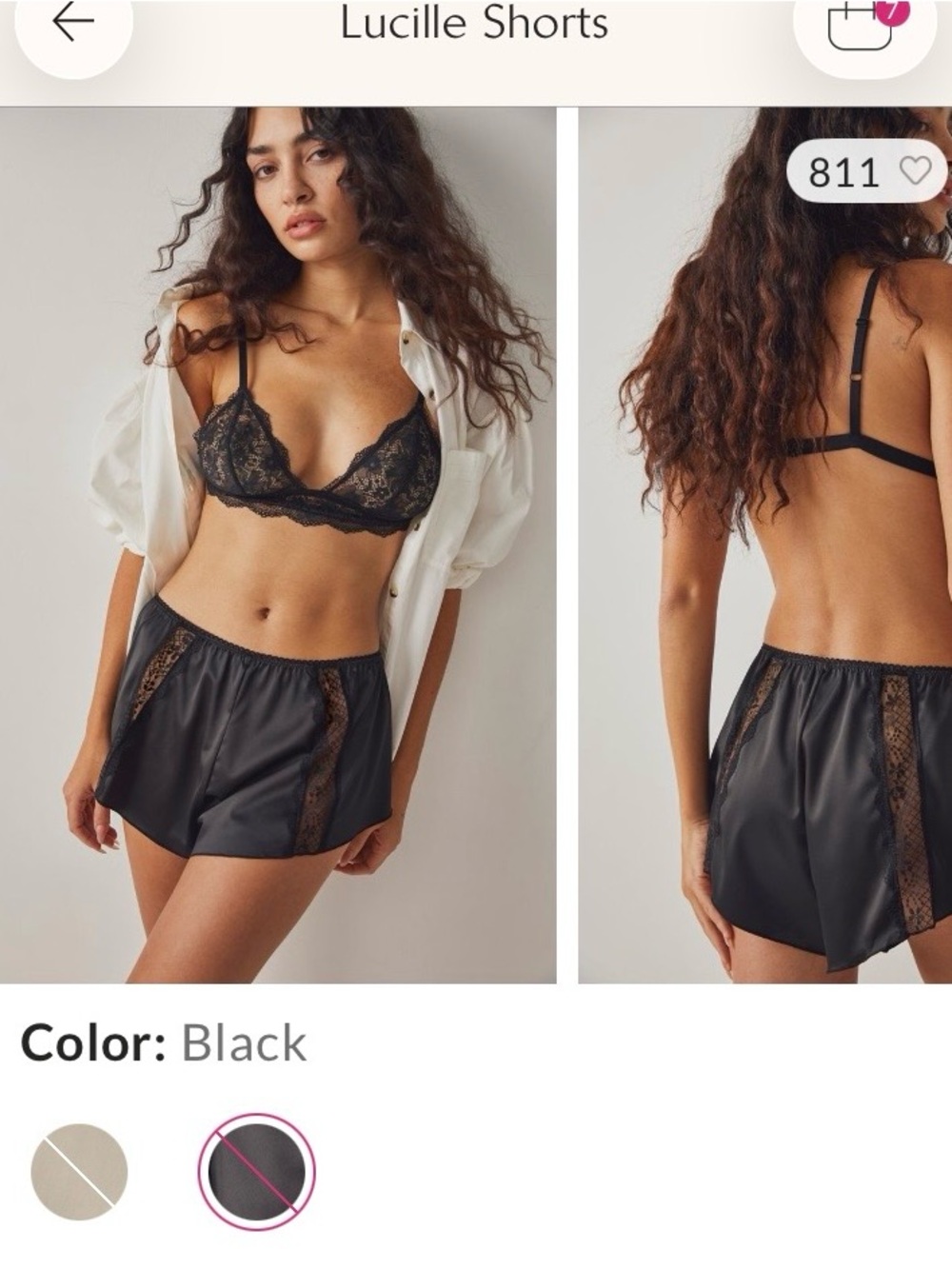 Free People Lucille Cami Set, Black Satin & Lace Off-Shoulder Sleep Top